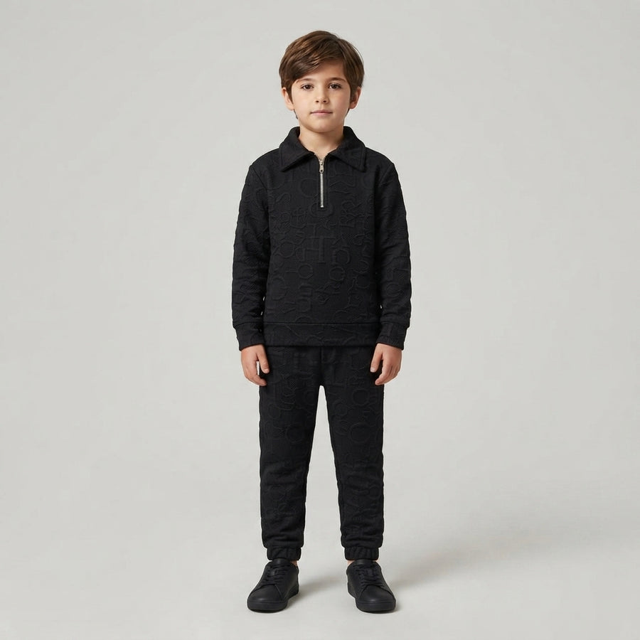 Boys Black Textured Quarter-Zip Tracksuit