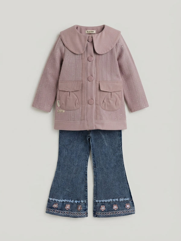 Kids Pink Shimmer Coat &Embroidered Flare Jeans