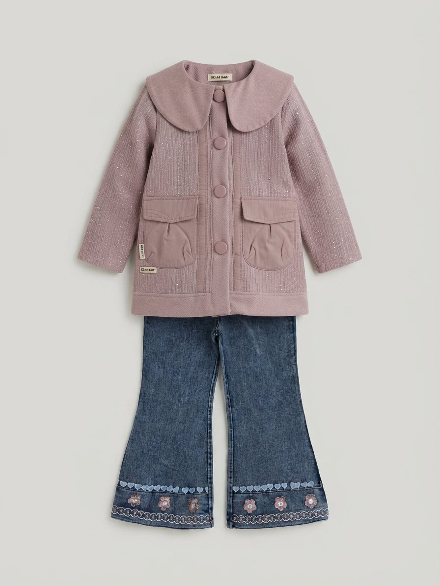 Kids Pink Shimmer Coat &Embroidered Flare Jeans