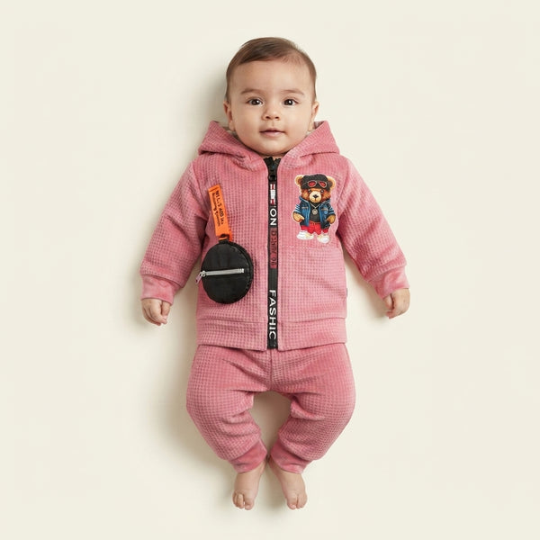 Premium Baby Boy Pink Textured Hooded Two-Piece Suit – Full-Zip Fleece Sweatshirt with Mini Pouch & Matching Joggers (3–9 Months)