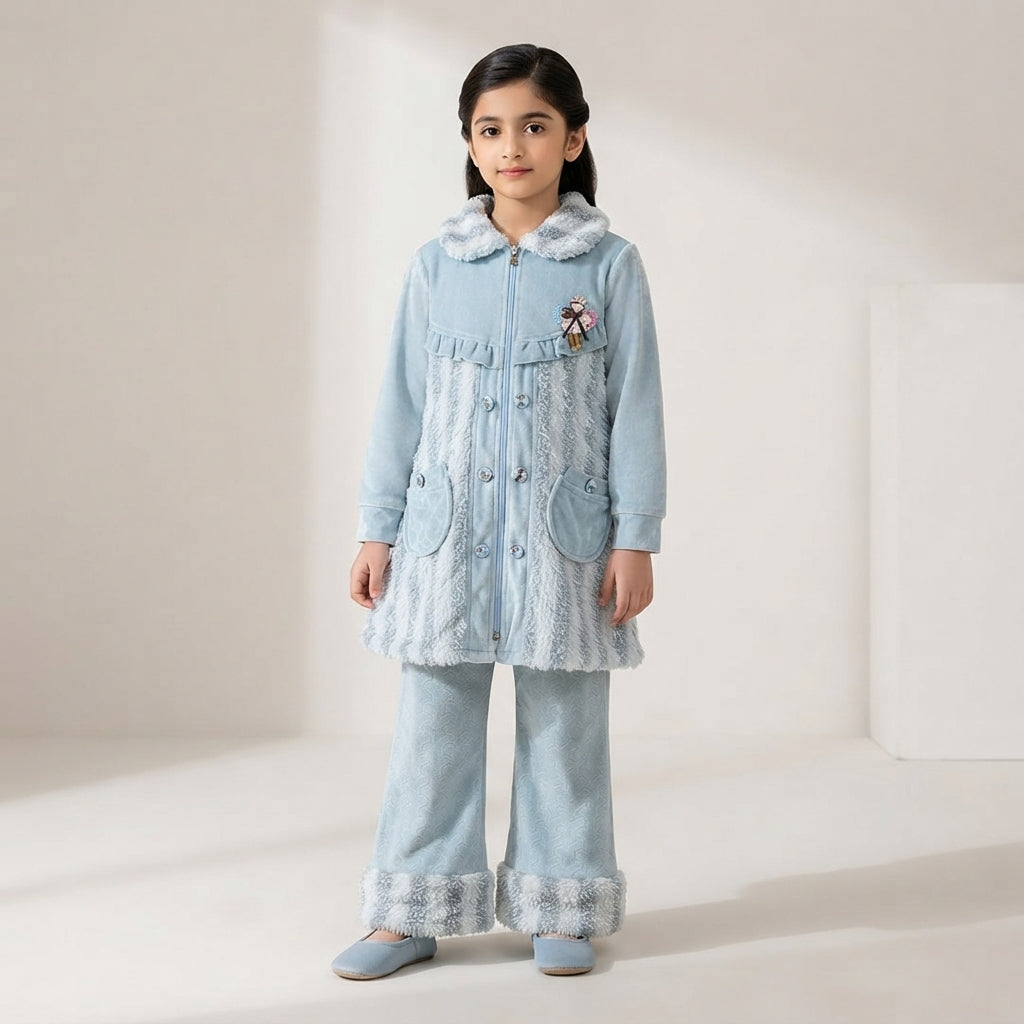 Baby Blue Velvet Winter Kurti With Matching Trousers Set