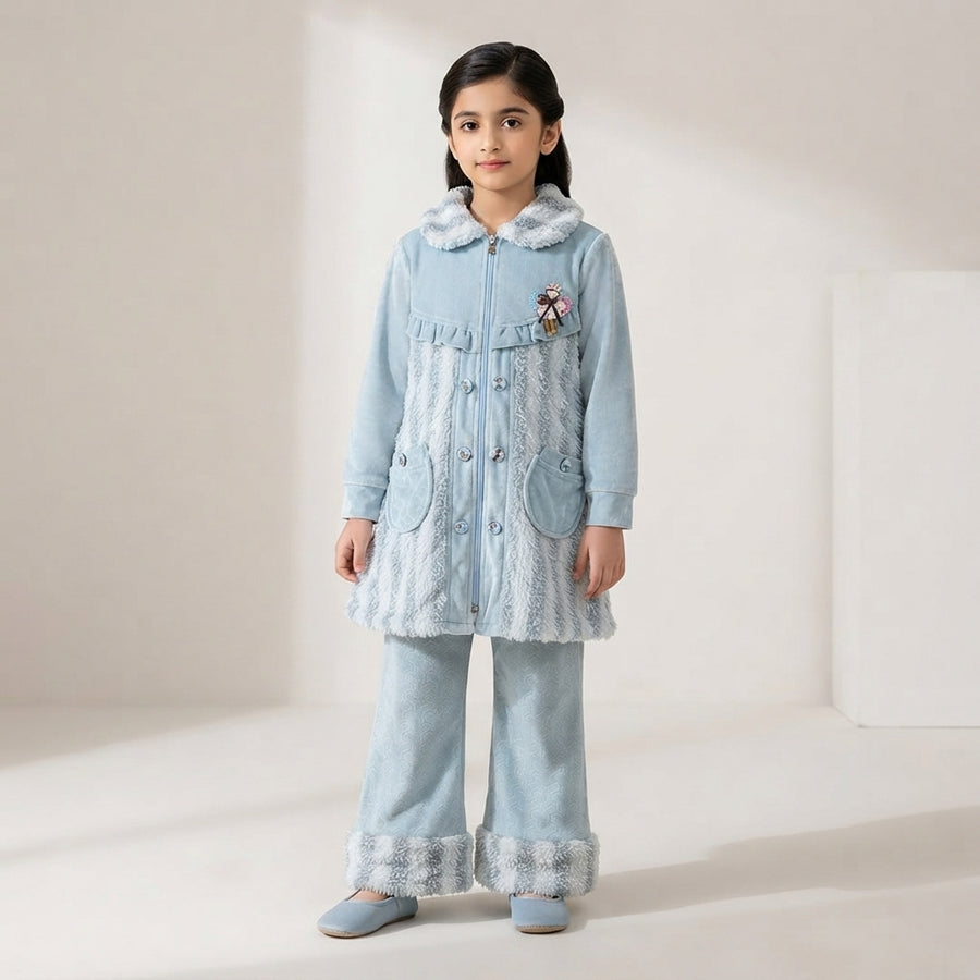 Baby Blue Velvet Winter Kurti With Matching Trousers Set