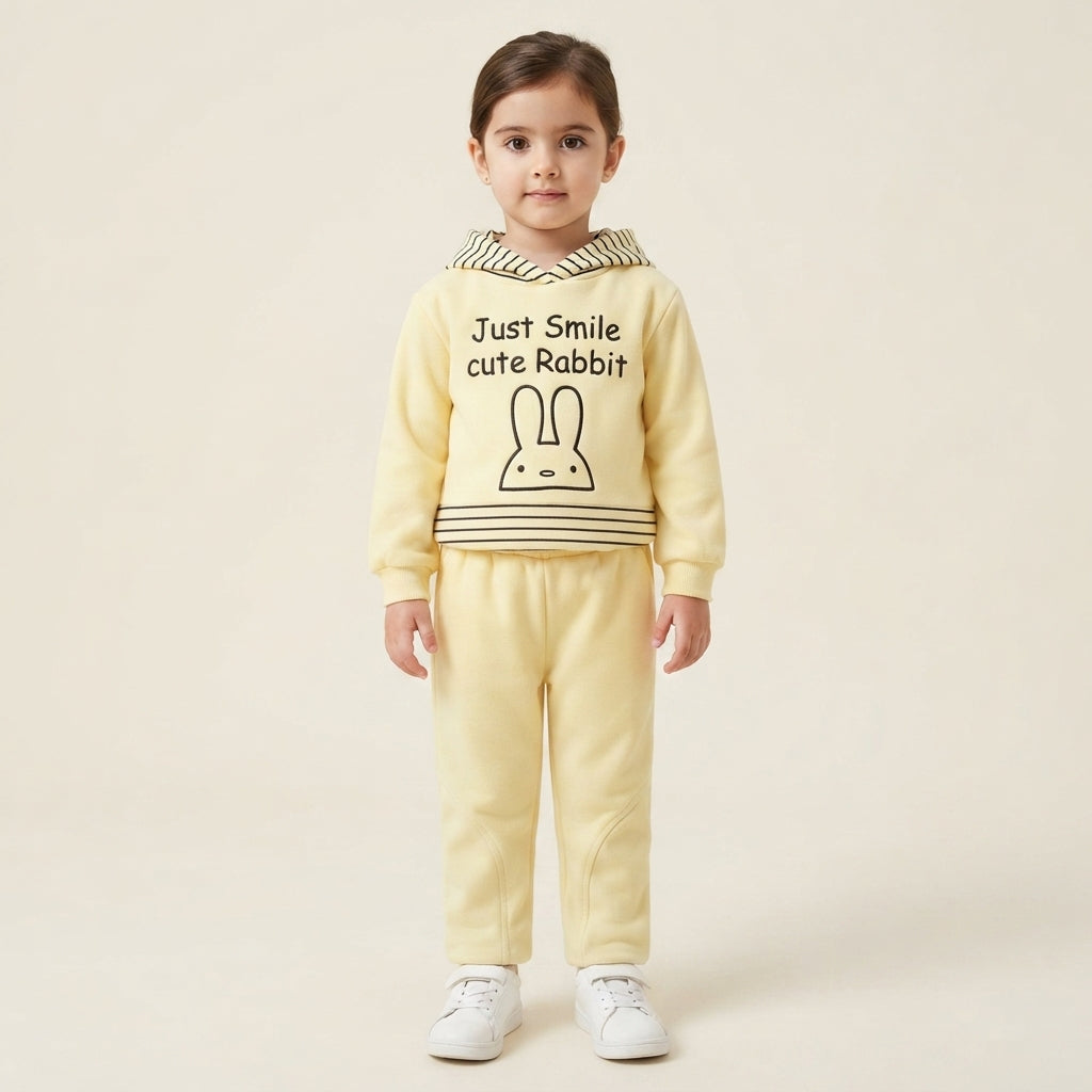 Toddler Kids' Cream Yellow Fleece Hooded Sweatshirt and Joggers Set with "Just Smile Cute Rabbit" Print