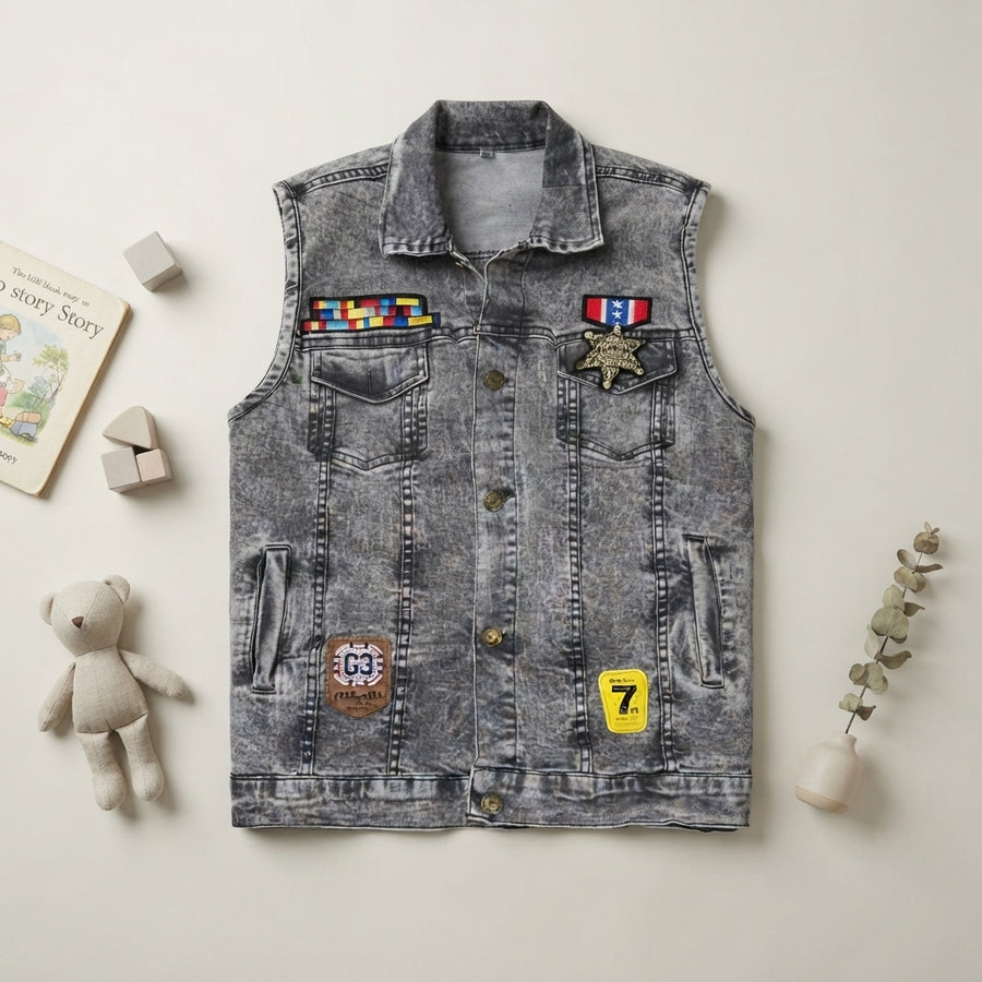 Boys Acid Wash Denim Vest with Military Patches and Sheriff Badge