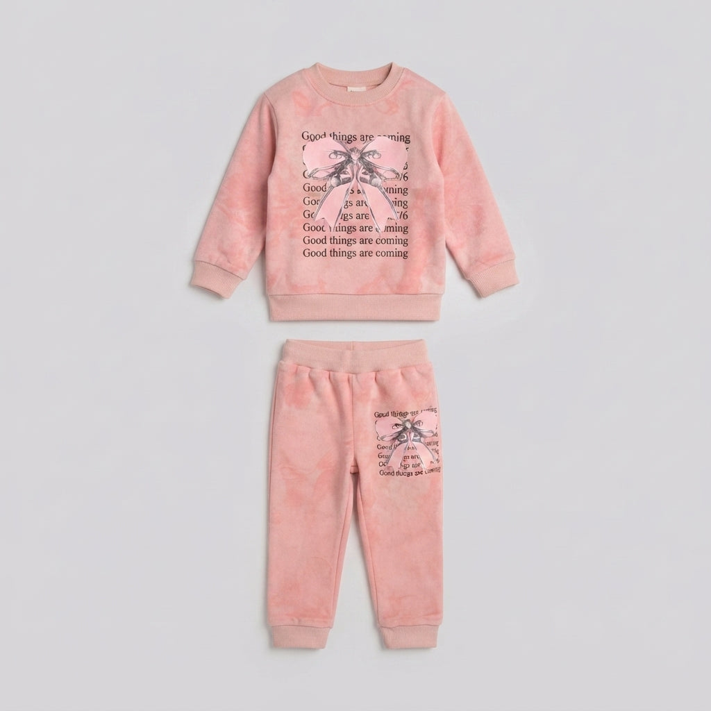 Girls Pink Bow Graphic Sweatshirt and Trouser