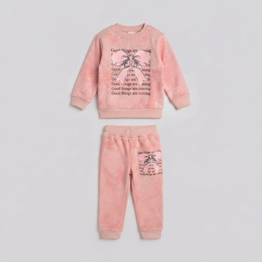 Girls Pink Bow Graphic Sweatshirt and Trouser