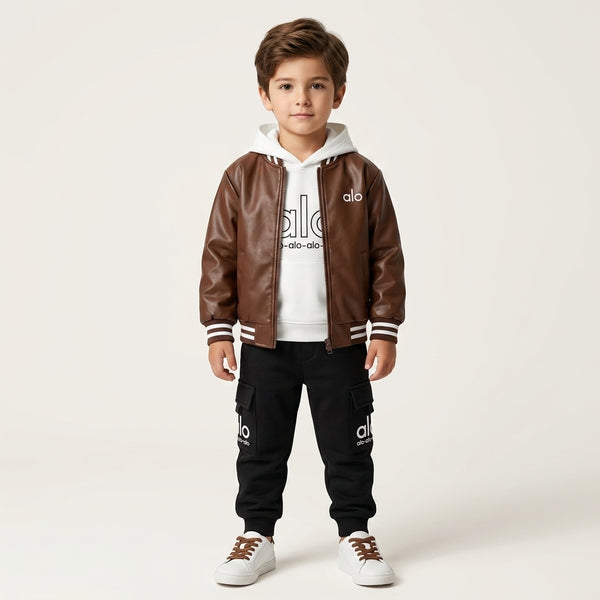 Boys Premium 3 Piece Streetwear Set Leather Jacket Graphic Hoodie and Cargo Joggers