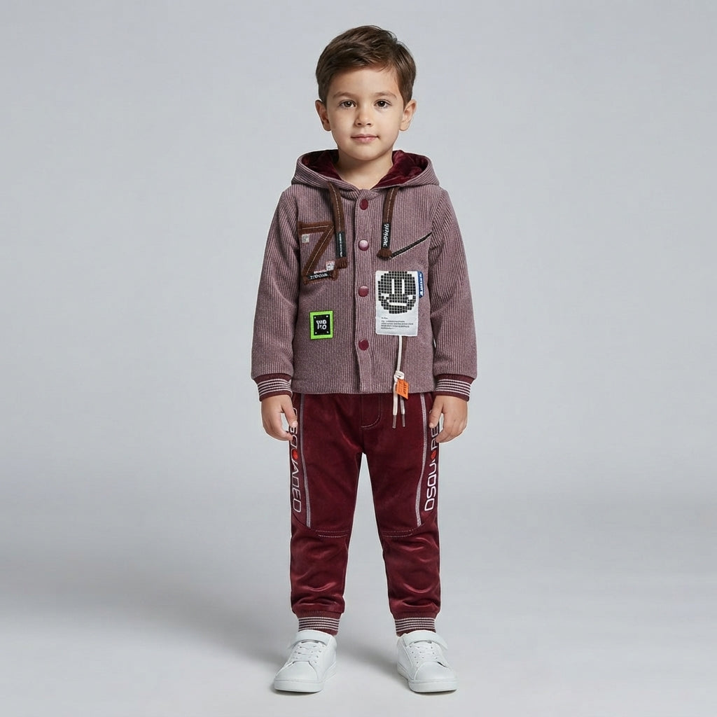 Boys Velvet Gray Two Piece Hoodie Suit | Premium Kids Winter Wear
