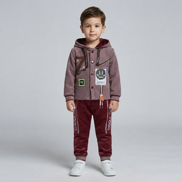 Boys Velvet Gray Two Piece Hoodie Suit | Premium Kids Winter Wear