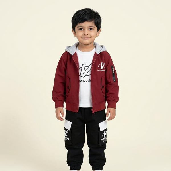 Boys' Maroon and Grey Hooded Bomber Jacket, White T-Shirt, and Matching Joggers Set
