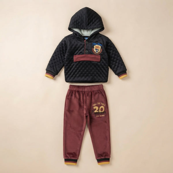 Boys Black & Maroon Winter Hoodie Set
