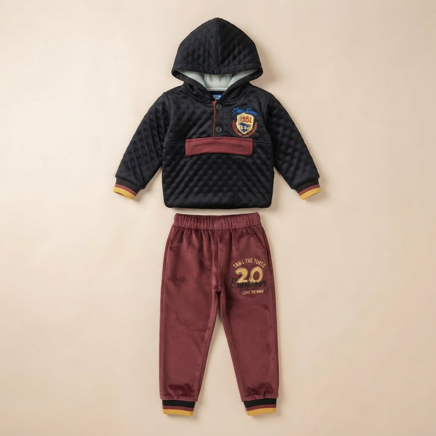 Boys Black & Maroon Winter Hoodie Set