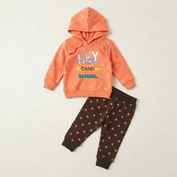 Cute Girls "Hey Cand School" Print Hooded Tracksuit with Polka Dot Trousers