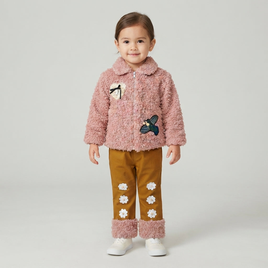Girls Mustard Winter Trousers with Fur Cuffs & Floral Appliqué