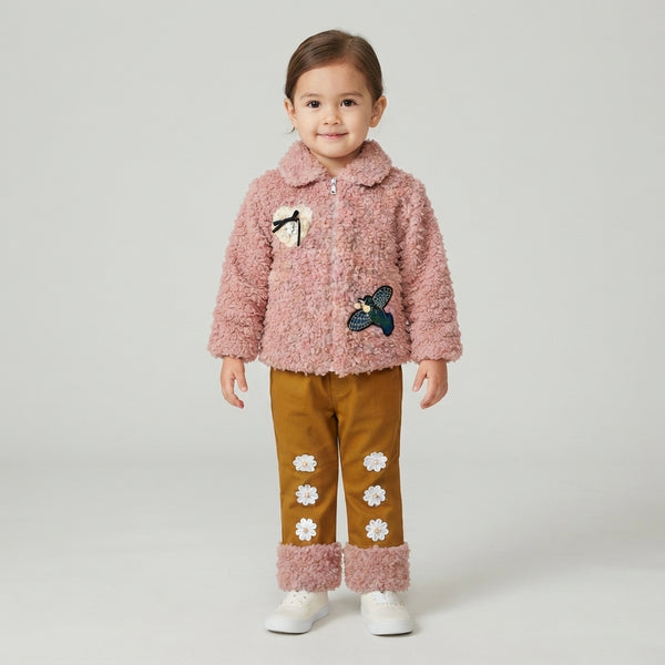 Girls Mustard Winter Trousers with Fur Cuffs & Floral Appliqué