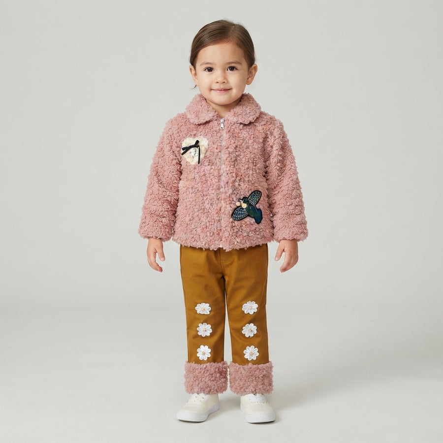 Girls Mustard Winter Trousers with Fur Cuffs & Floral Appliqué
