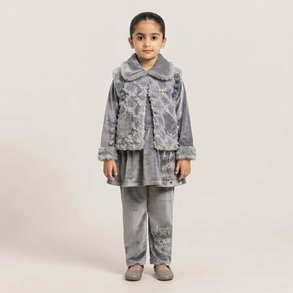 Grey Velvet 3-Piece Girls Suit with Fur Details