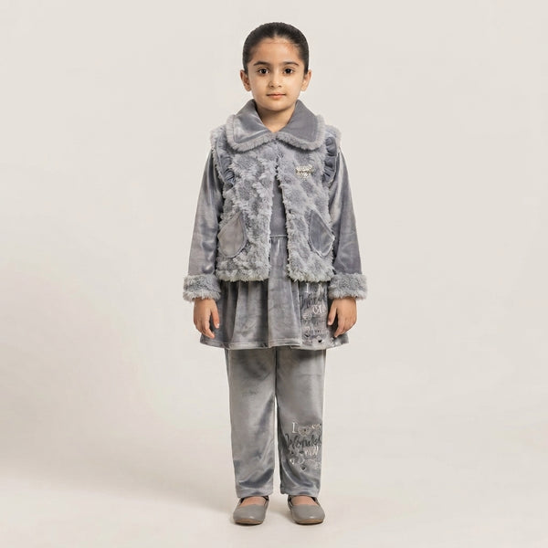 Grey Velvet 3-Piece Girls Suit with Fur Details