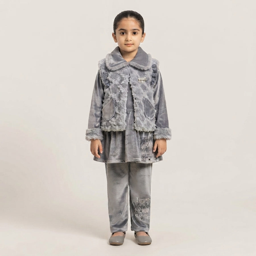 Grey Velvet 3-Piece Girls Suit with Fur Details