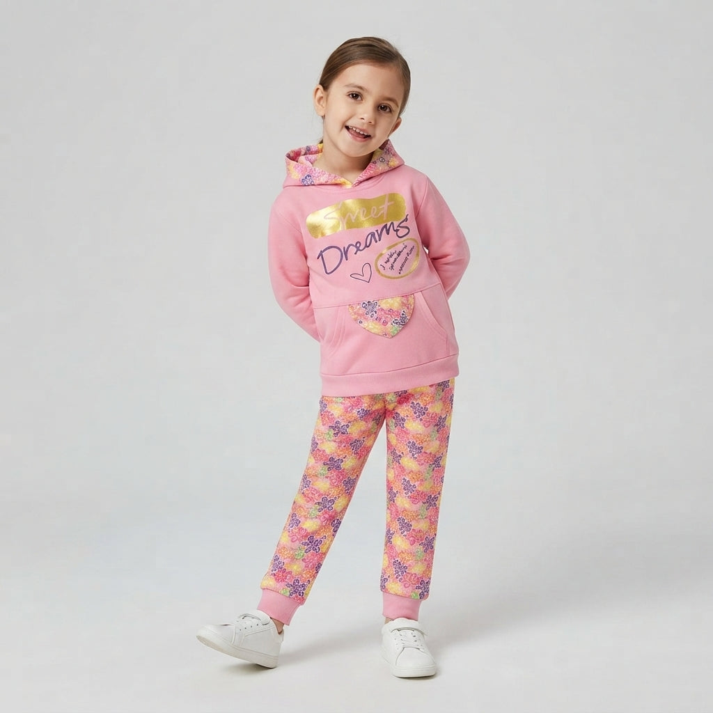 Girls Pink "Sweet Dreams" Floral Hooded Jogger Set