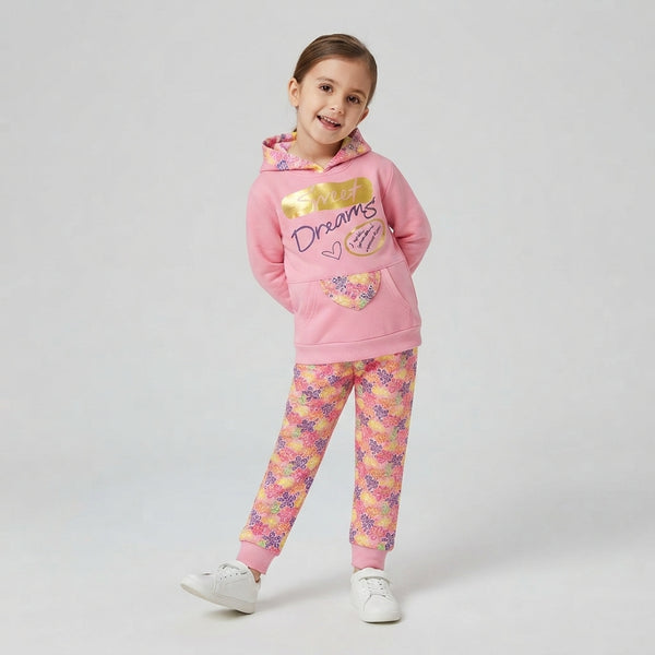 Girls Pink "Sweet Dreams" Floral Hooded Jogger Set