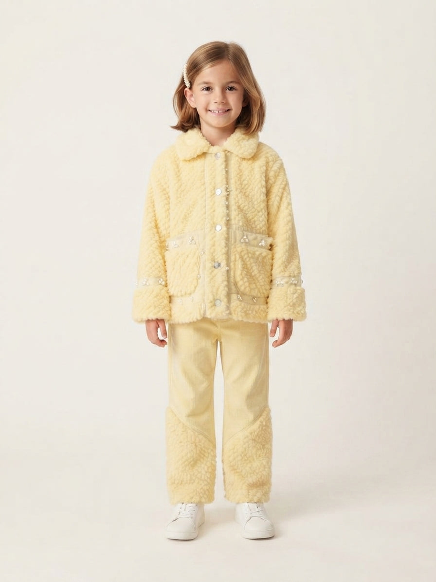 Girls Yellow Shearling Corduroy Pearl Set