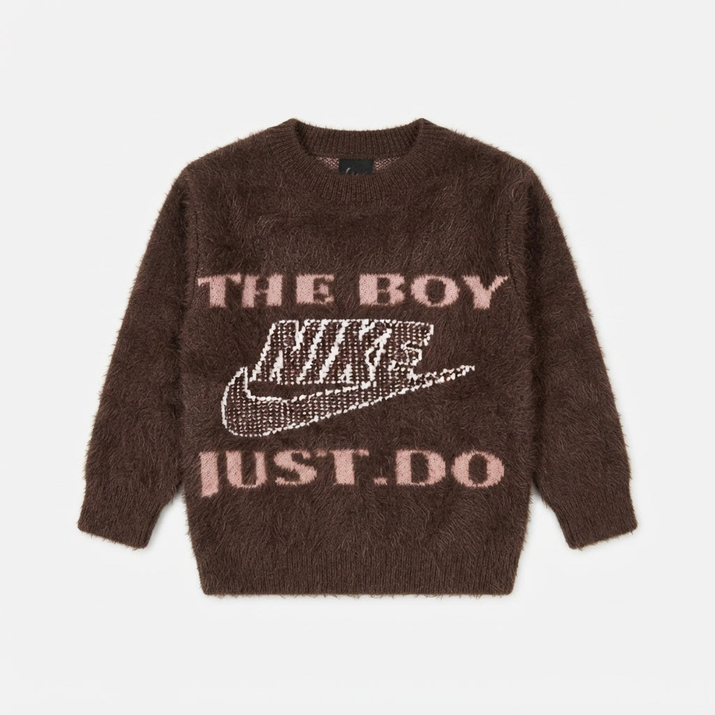 Boys Brown Graphic Fuzzy Knit Sweater