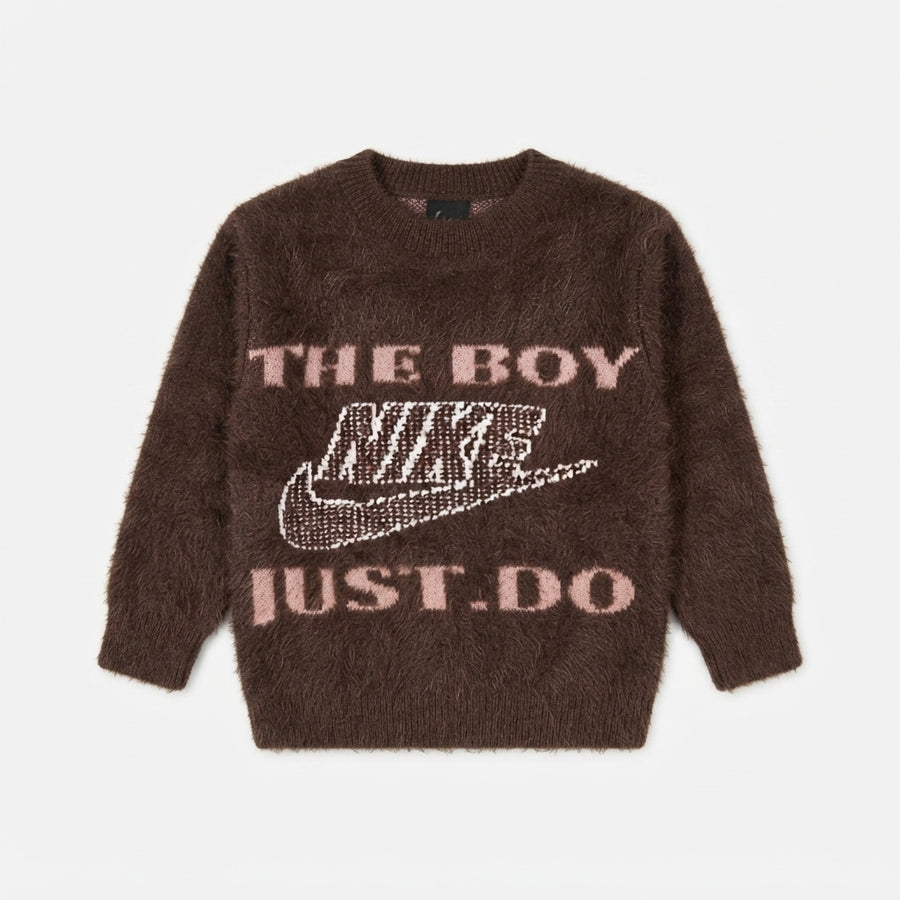 Boys Brown Graphic Fuzzy Knit Sweater