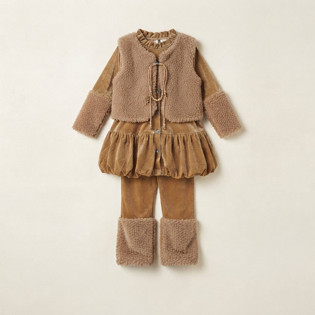 Premium Velvet Faux-Fur Trim Kids Outfit Set – Luxury — Photo 2