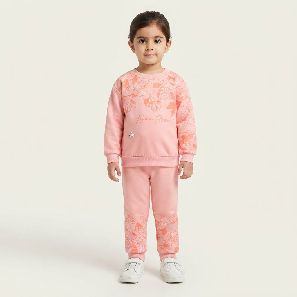 Girls Pink Peach Fleece 2 Piece Suit | Soft Warm Winter Dress