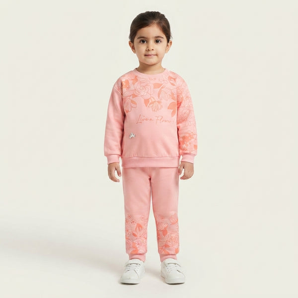 Girls Pink Peach Fleece 2 Piece Suit | Soft Warm Winter Dress