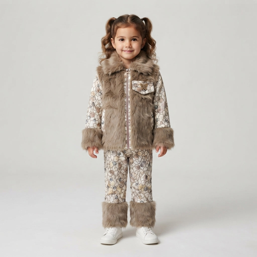 Brown Stone-Print Zip-Front Kids Jacket with Faux-Fur Accents