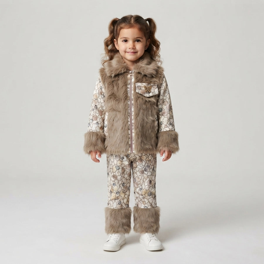 Brown Stone-Print Zip-Front Kids Jacket with Faux-Fur Accents