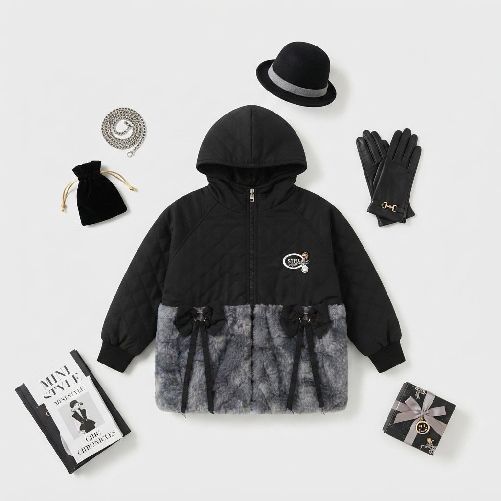 Girls Black Quilted & Faux Fur Jacket — Photo 2