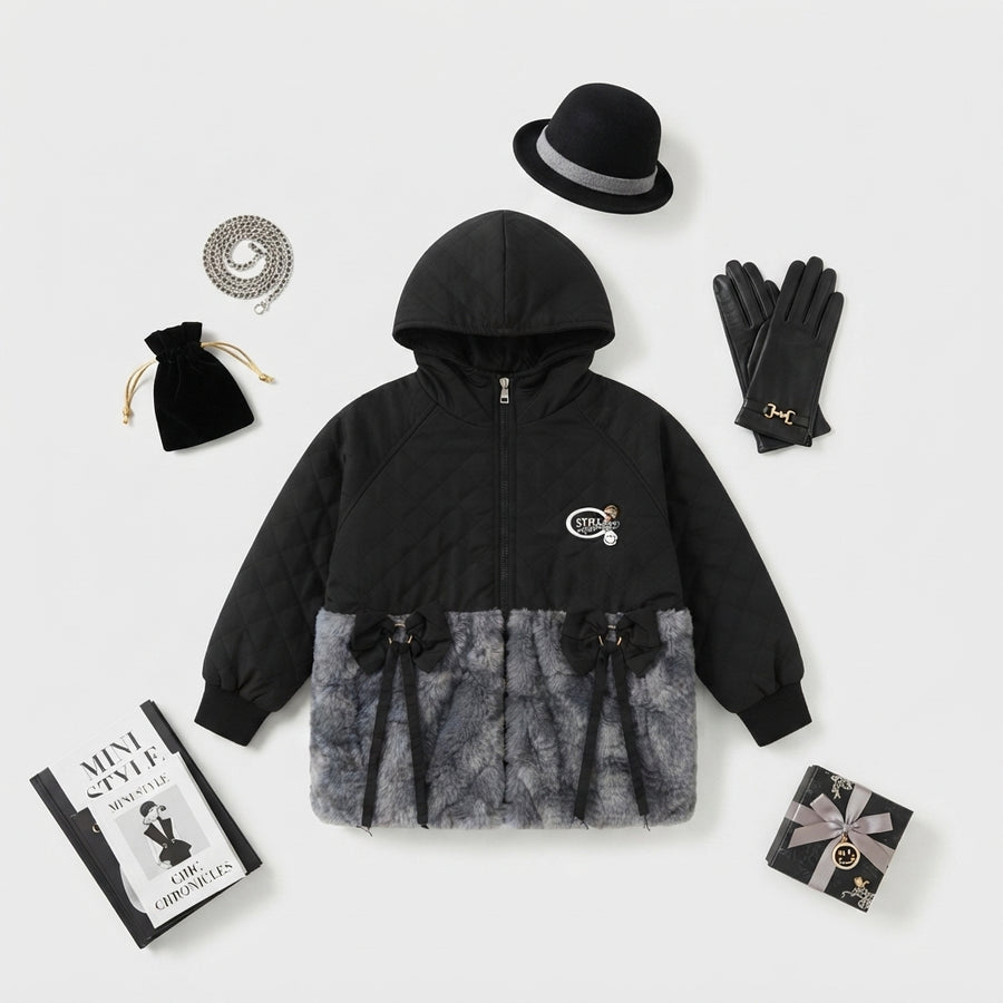 Girls Black Quilted & Faux Fur Jacket — Photo 2