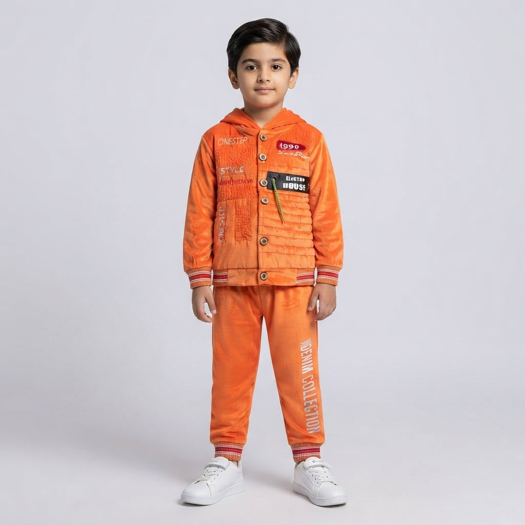 Boys Stylish Velvet Hooded Winter Suit & Jogger Set