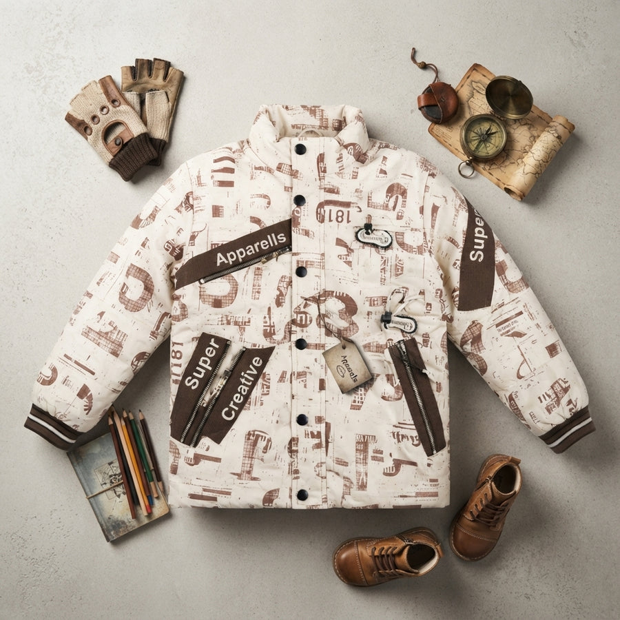 Boys Beige & Brown Printed Winter Jacket — Photo 2