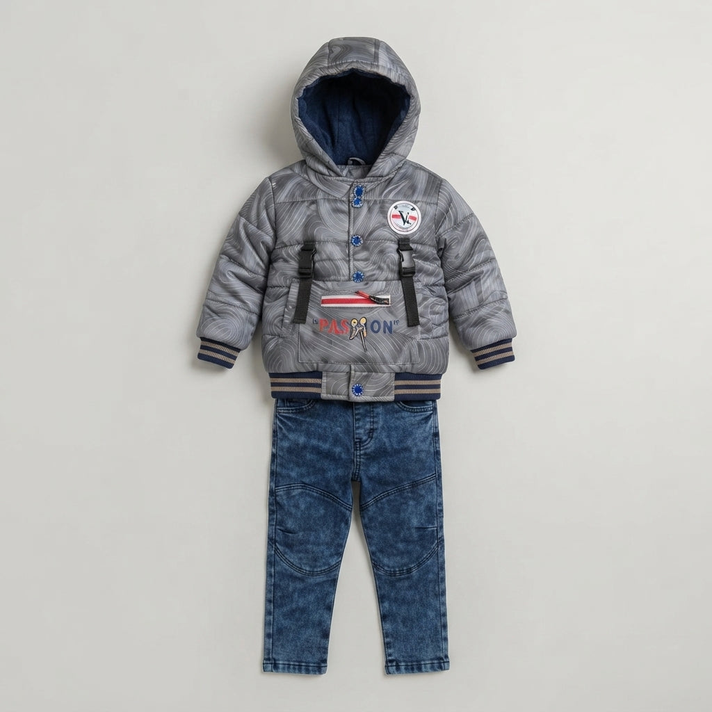 Boys Grey Swirl Puffer Jacket & Denim Trouser