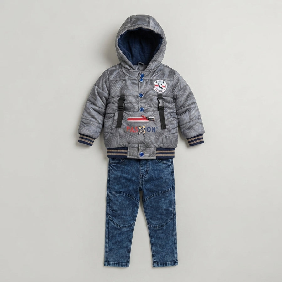 Boys Grey Swirl Puffer Jacket & Denim Trouser