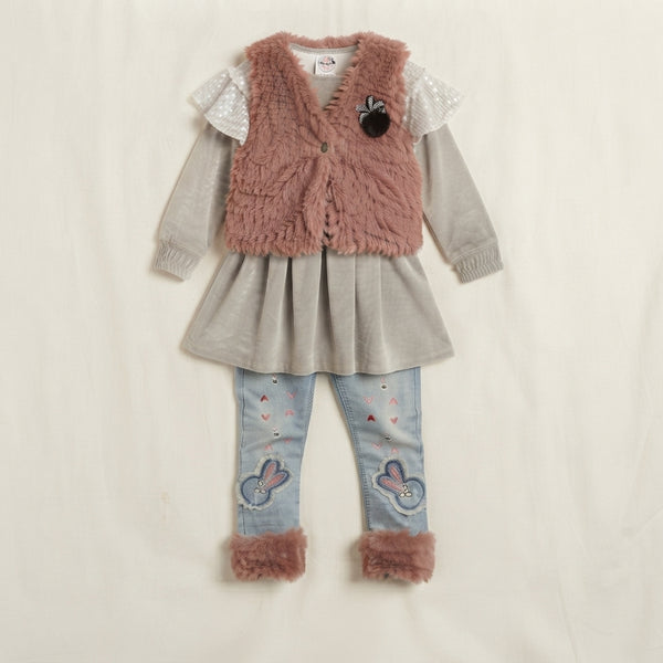Baby Girls Grey Velvet Frock Set — Photo 3