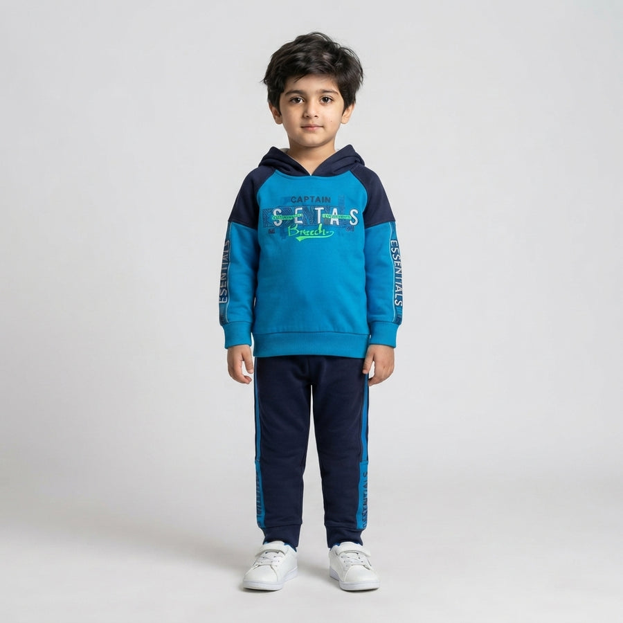 Boys Blue & Navy Colorblock Hoodie with Tracksuit Bottoms | Kids Winter Outfit – Iqra Garments