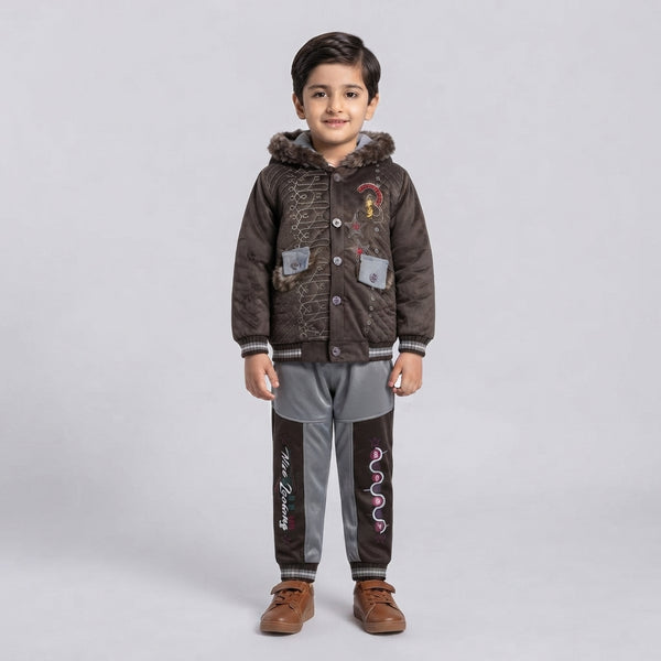 Boys Brown and Grey Fur-Hooded Winter Tracksuit Set