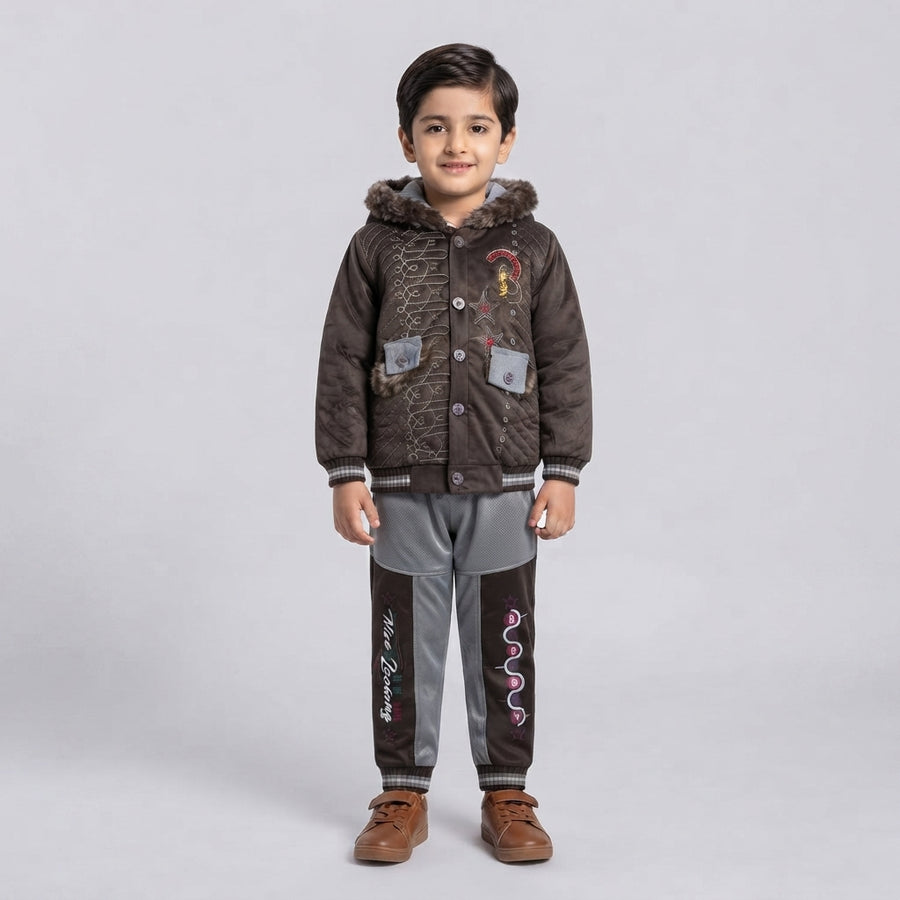 Boys Brown and Grey Fur-Hooded Winter Tracksuit Set