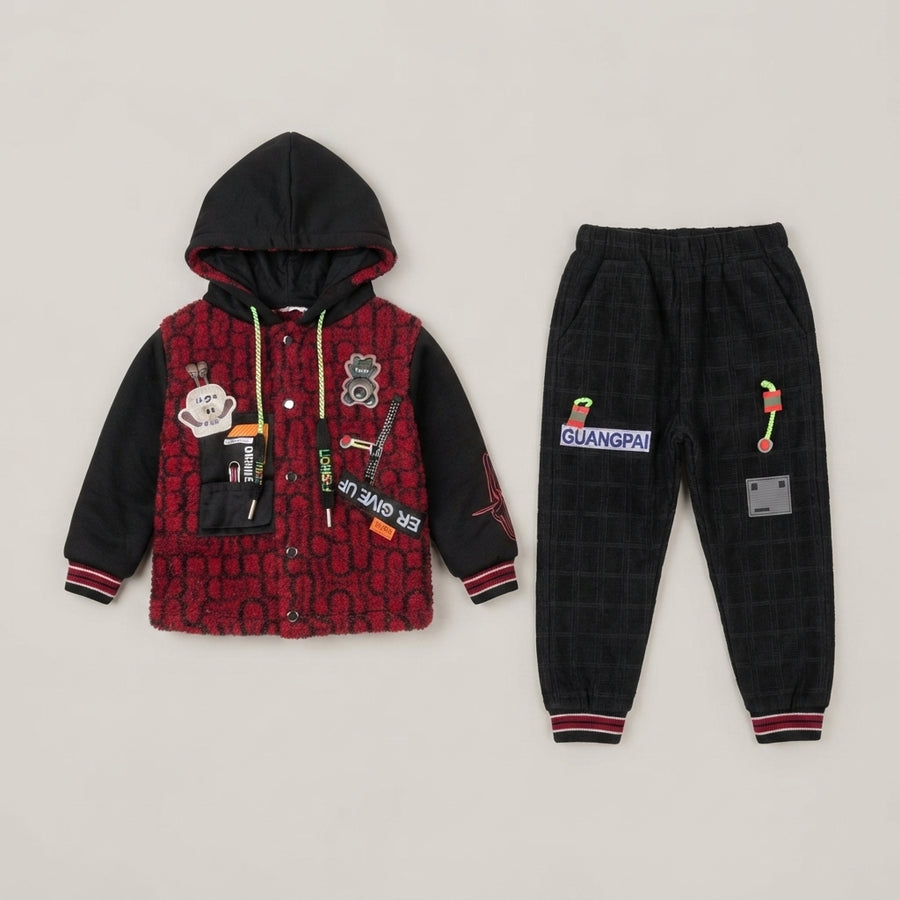 Boys Red & Black Designer Fleece Winter Tracksuit