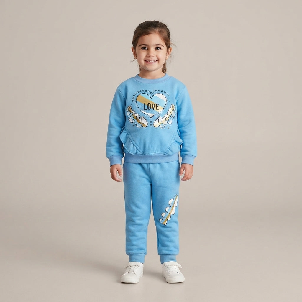 Girls' "Love Follow" Ruffled Sweatshirt and Jogger Set - Light Blue