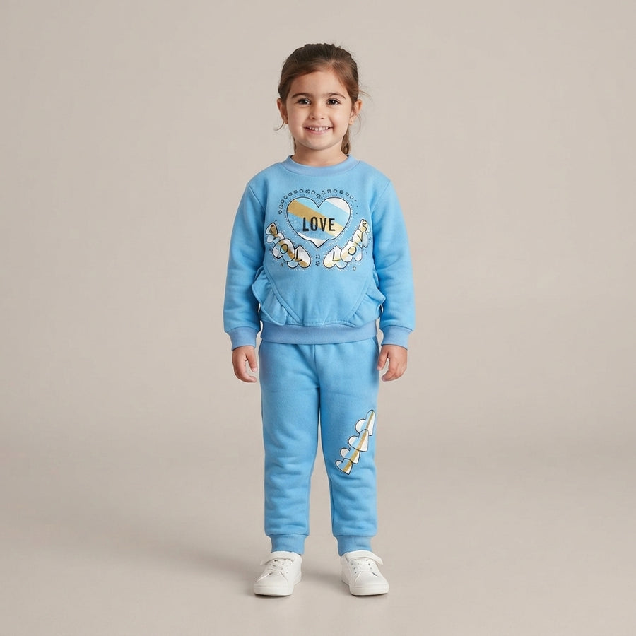 Girls' "Love Follow" Ruffled Sweatshirt and Jogger Set - Light Blue