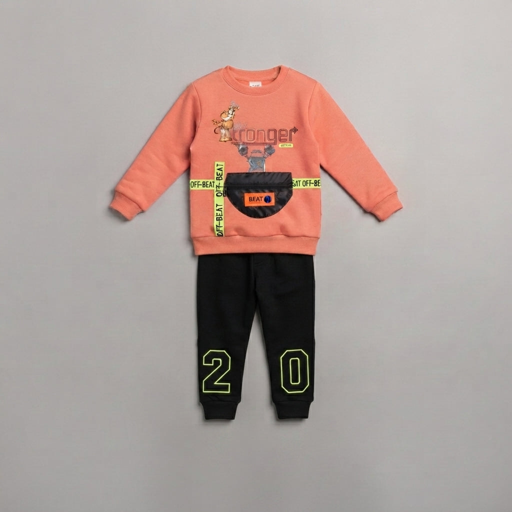 Kids' Peach Sweatshirt and Black Neon-Accent Joggers Outfit Set — Photo 3