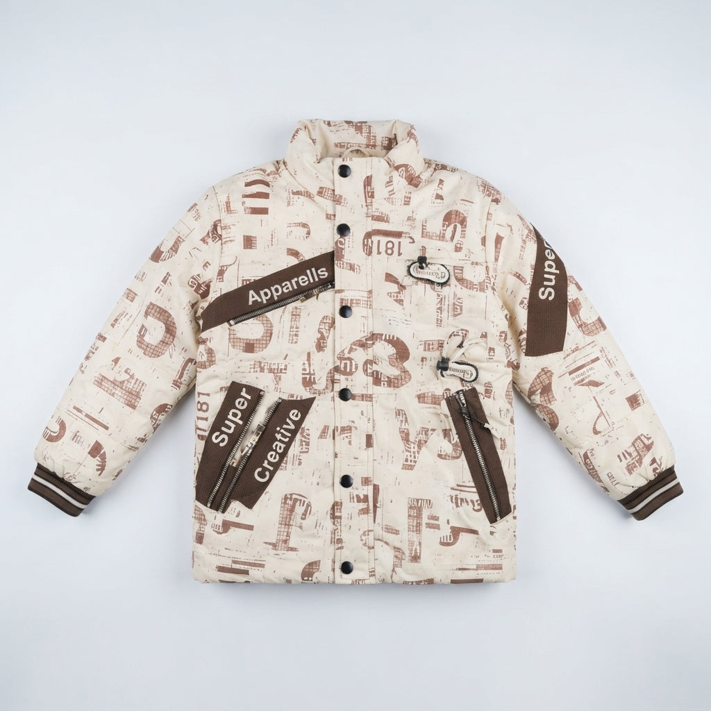 Boys Beige & Brown Printed Winter Jacket