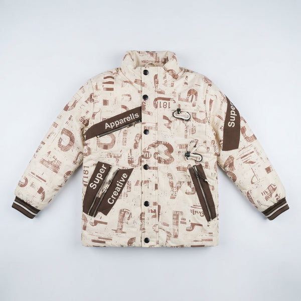 Boys Beige & Brown Printed Winter Jacket