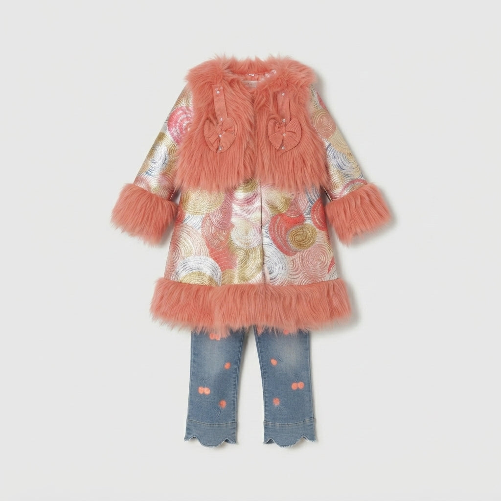Designer Peach Fur-Trimmed Swirl Tunic Set — Photo 3